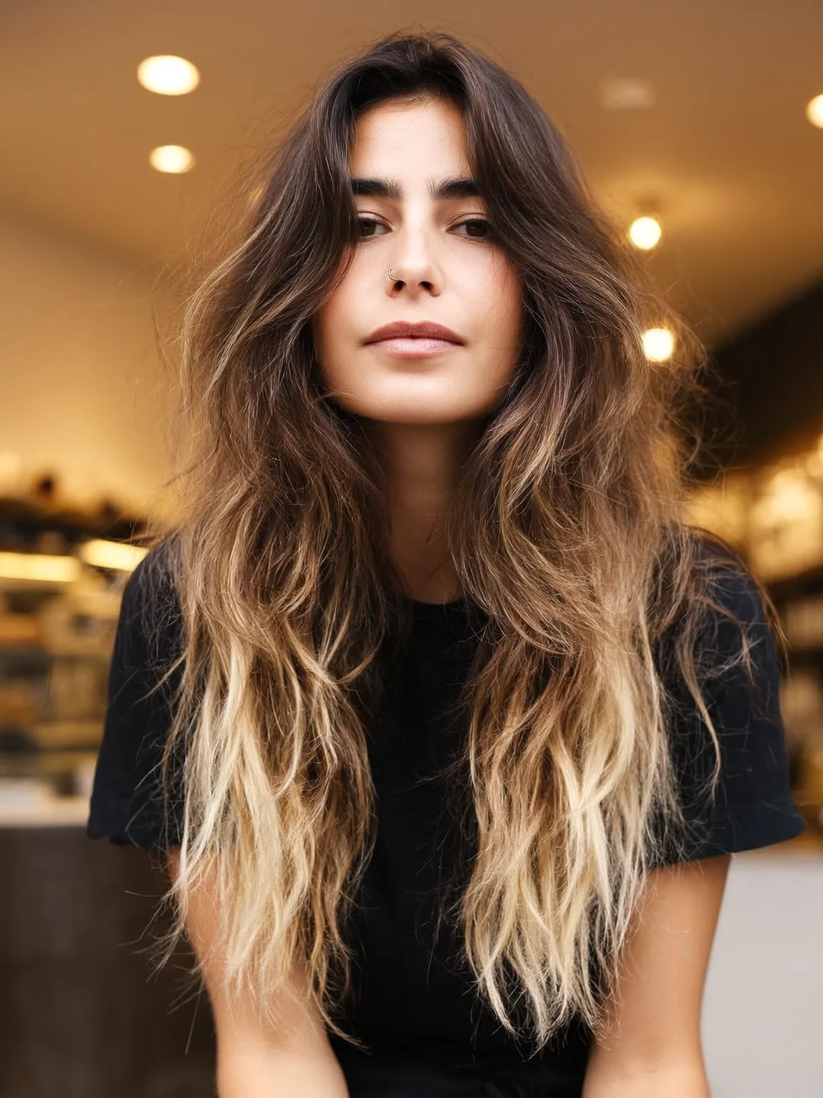 Sun-Kissed Brunette with Golden Balayage Long Layers